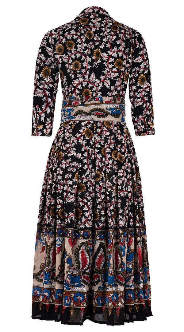 Samantha Sung Audrey Dress #4 Shirt Collar 3/4 Sleeve Midi Plus Length Wool (Dupattas Bird) - Black Multi
