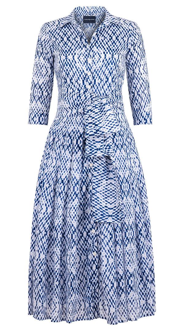 Samantha Sung Audrey Dress #4 Shirt Collar 3/4 Sleeve Midi Plus Length Cotton Musola (Shibori Nara Diamond)