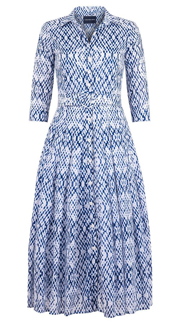 samantha sung Audrey Dress #4 Shirt Collar 3/4 Sleeve Midi Plus Length Cotton Musola (Shibori Nara Diamond)
