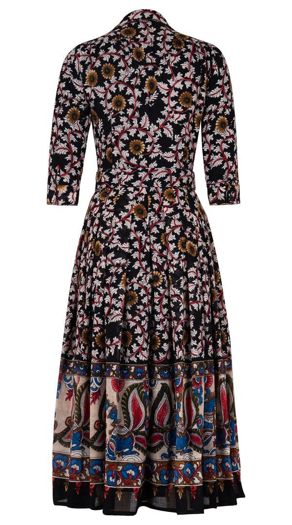 Samantha Sung Audrey Dress #4 Shirt Collar 3/4 Sleeve Midi Plus Length Wool (Dupattas Bird) - Black Multi