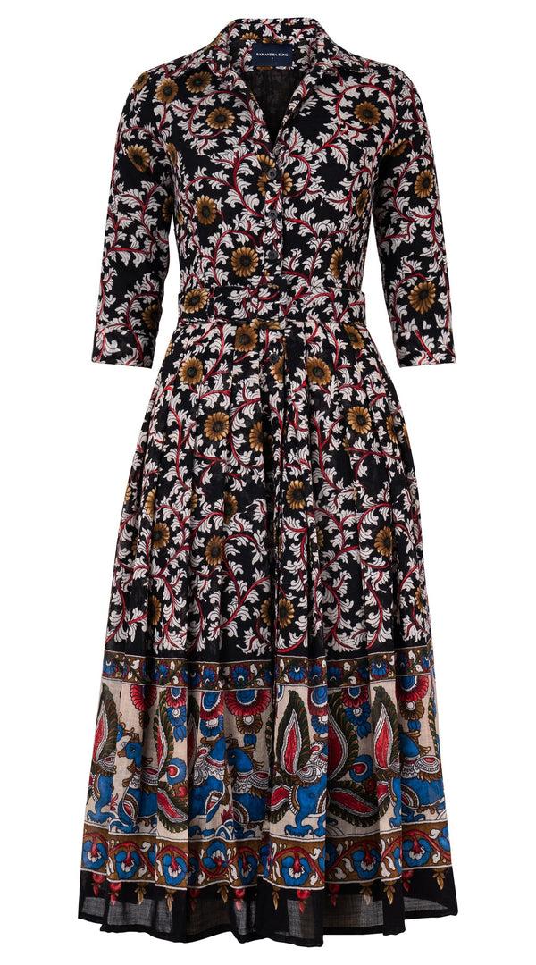 samantha sung Audrey Dress #4 Shirt Collar 3/4 Sleeve Midi Plus Length Wool (Dupattas Bird) - Black Multi