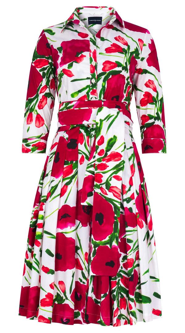 Samantha Sung Audrey Dress #4 Shirt Collar 3/4 Sleeve Regular Length Cotton Stretch (Fiori Poppy Big White)