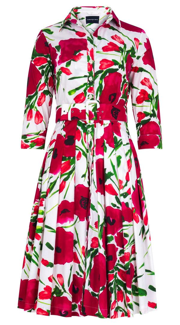 samantha sung Audrey Dress #4 Shirt Collar 3/4 Sleeve Regular Length Cotton Stretch (Fiori Poppy Big White)