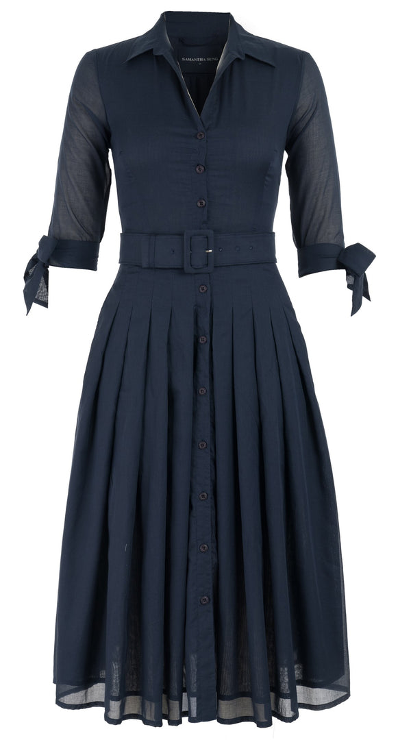 Samantha Sung Audrey Dress #4 Shirt Collar 3/4 Tie Sleeve Midi Length Cotton Musola_Solid_Indigo