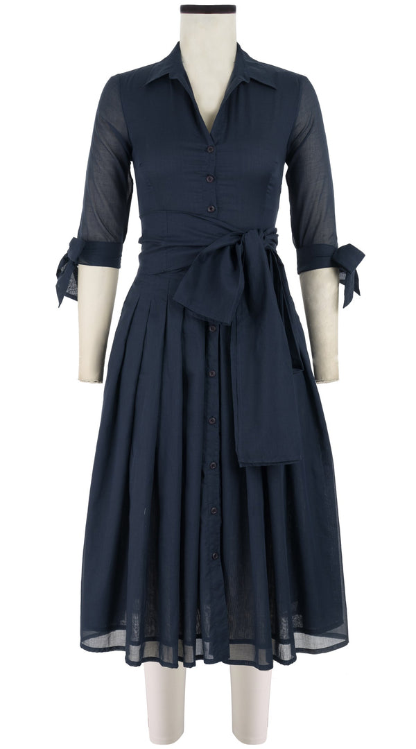 Samantha Sung Audrey Dress #4 Shirt Collar 3/4 Tie Sleeve Midi Length Cotton Musola_Solid_Indigo