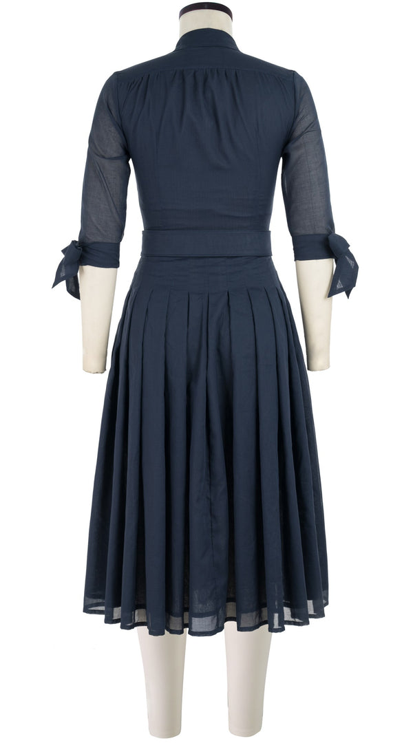 Samantha Sung Audrey Dress #4 Shirt Collar 3/4 Tie Sleeve Midi Length Cotton Musola_Solid_Indigo