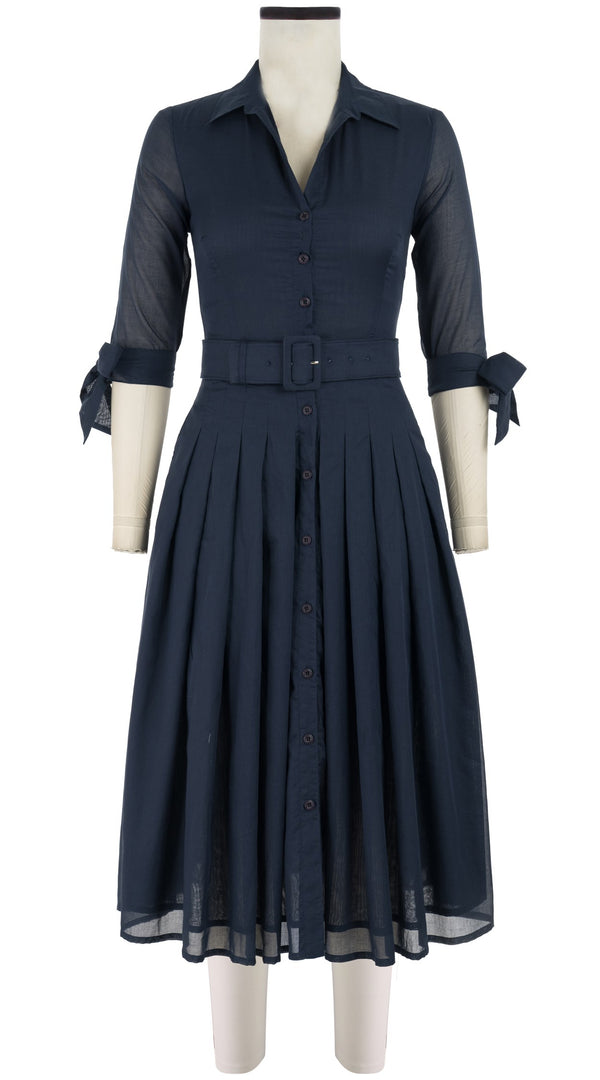 samantha sung Audrey Dress #4 Shirt Collar 3/4 Tie Sleeve Midi Length Cotton Musola_Solid_Indigo