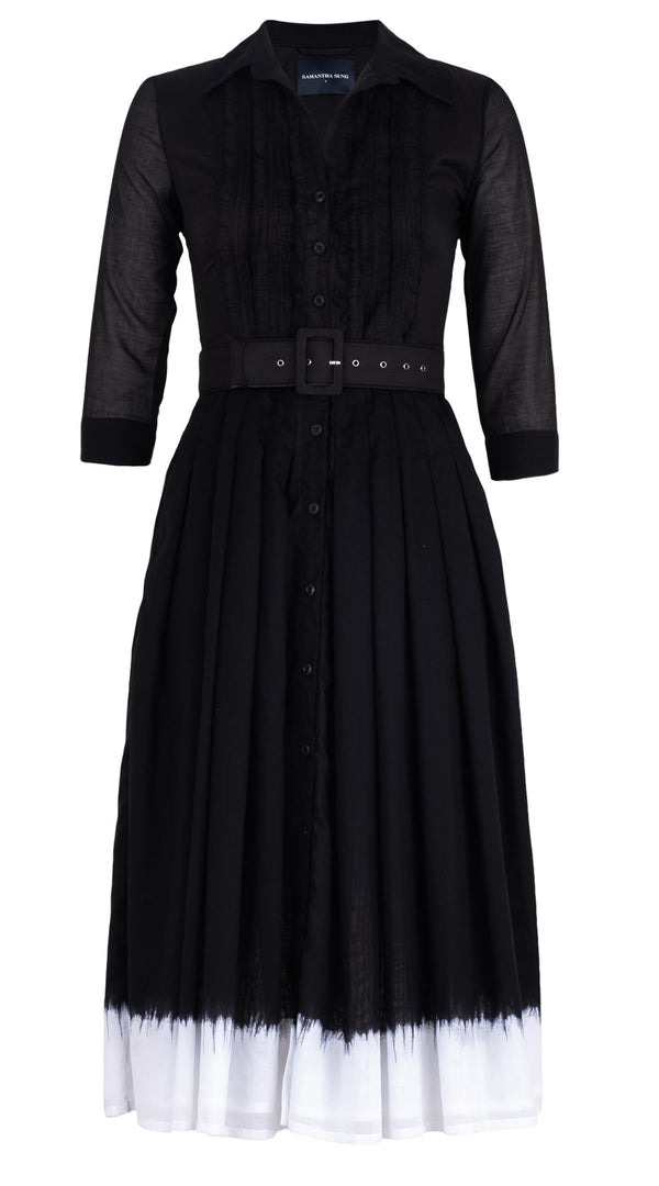 Samantha Sung Audrey Dress #4 Shirt Collar Ruffle 3/4 Sleeve Midi Length Cotton Musola (White Border Tie Dye)