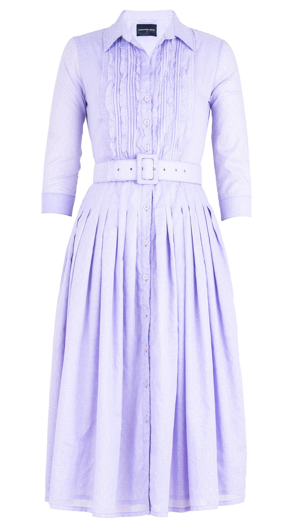 Samantha Sung Audrey Dress #4 Shirt Collar Ruffle 3/4 Sleeve Midi Length Cotton Musola (Mini Dots 50)