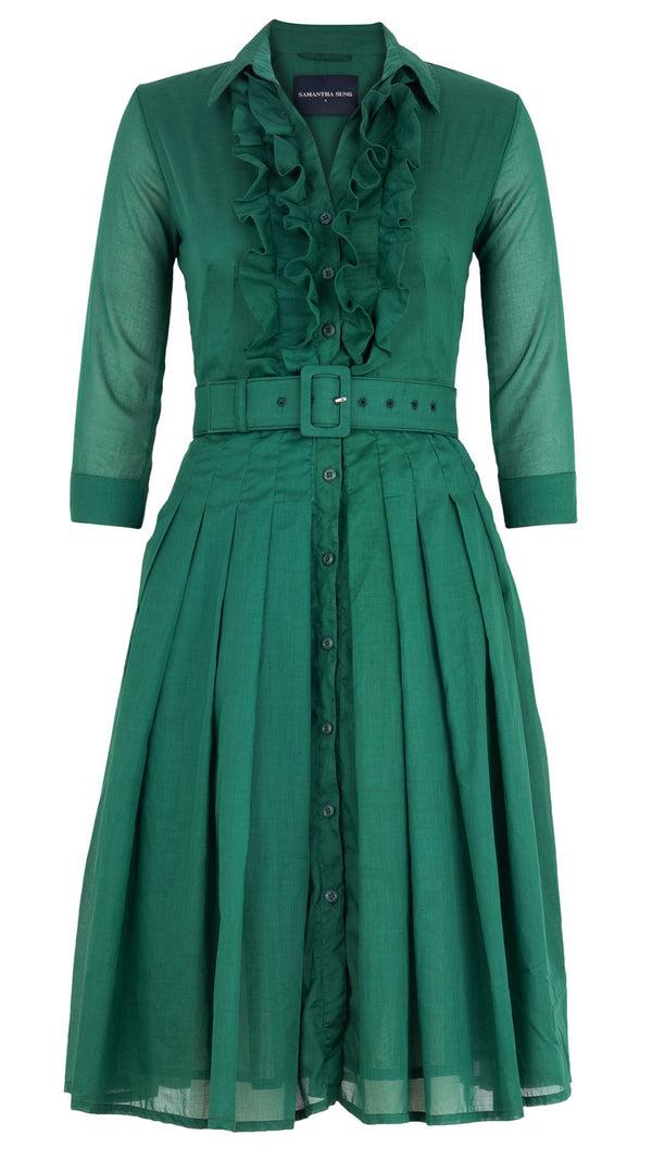 samantha sung Audrey Dress #4 Shirt Collar Ruffle Bias 3/4 Sleeve Long Length Silk Musola (Solid)