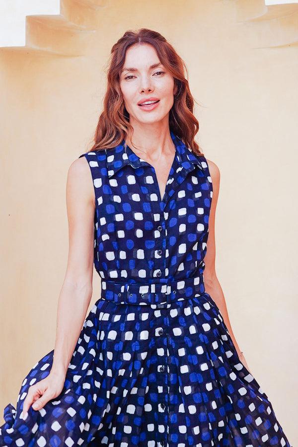 Samantha Sung Audrey Dress #4 Shirt Collar Sleeveless Midi Length Cotton Musola (Tie Dye Gingham Small)