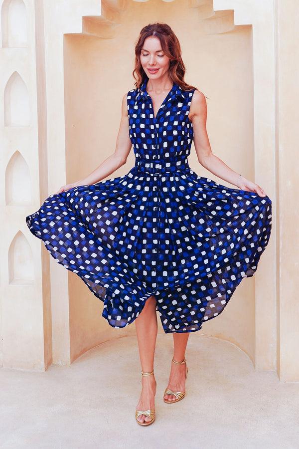 Samantha Sung Audrey Dress #4 Shirt Collar Sleeveless Midi Length Cotton Musola (Tie Dye Gingham Small)