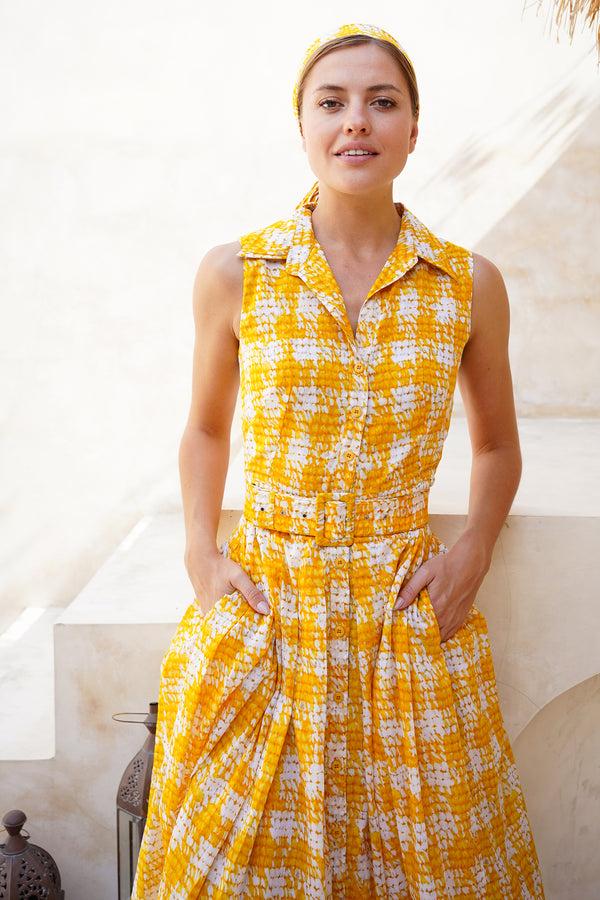 Samantha Sung Audrey Dress #4 Shirt Collar Sleeveless Midi Length Cotton Musola (Ratan Houndstooth)