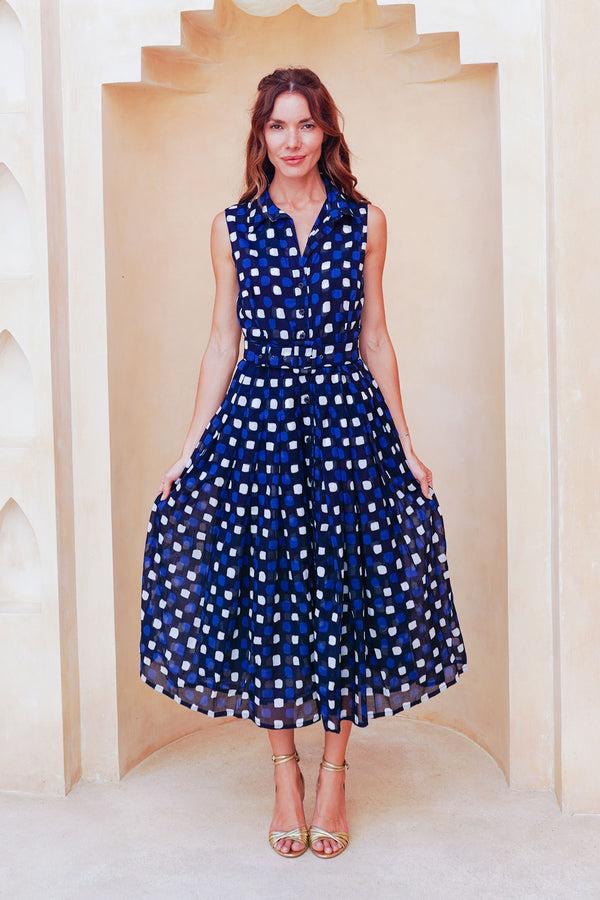 samantha sung Audrey Dress #4 Shirt Collar Sleeveless Midi Length Cotton Musola (Tie Dye Gingham Small)