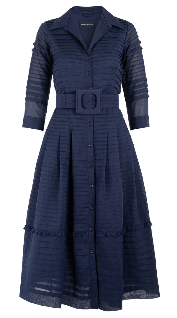 Samantha Sung Audrey Dress #5 Shirt Collar 3/4 Sleeve With Hamilton Belt Midi Length Cotton Musola (Solid)