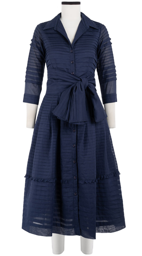 Samantha Sung Audrey Dress #5 Shirt Collar 3/4 Sleeve With Hamilton Belt Midi Length Cotton Musola (Solid)