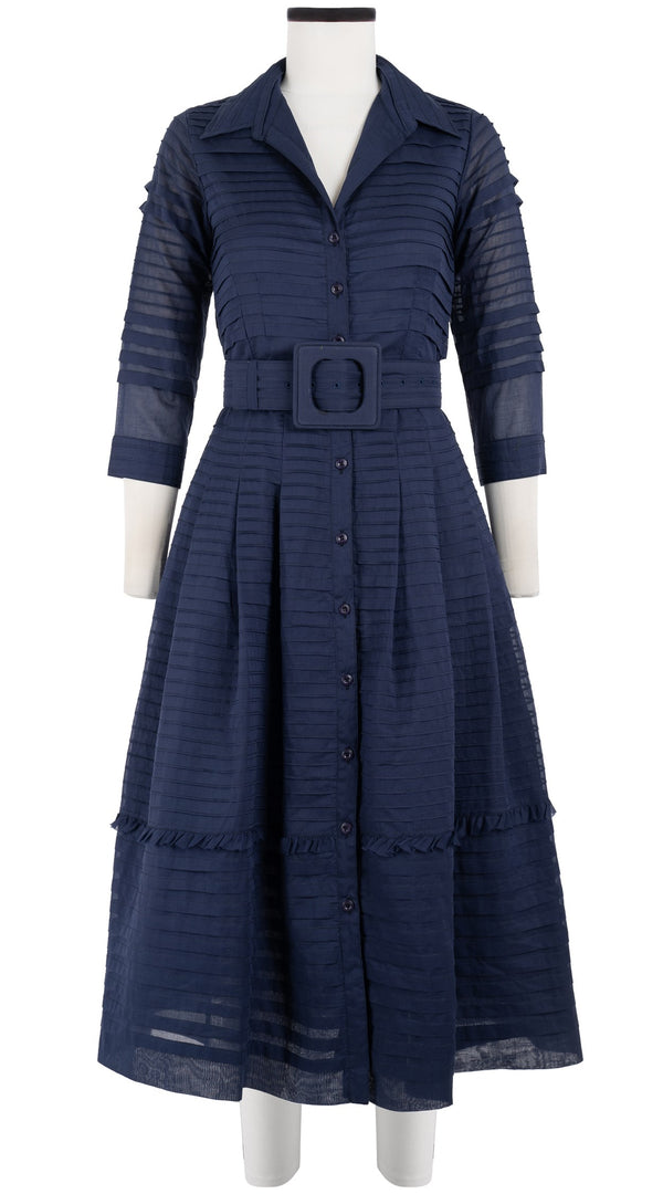 samantha sung Audrey Dress #5 Shirt Collar 3/4 Sleeve with Hamilton Belt Midi Length Cotton Musola (Solid)