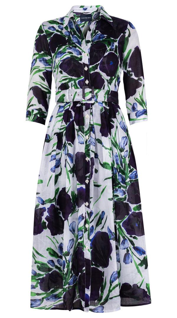 samantha sung Audrey Dress #6 Shirt Collar 3/4 Sleeve Midi Plus Length Cotton Musola (Fiori Poppy Big White)