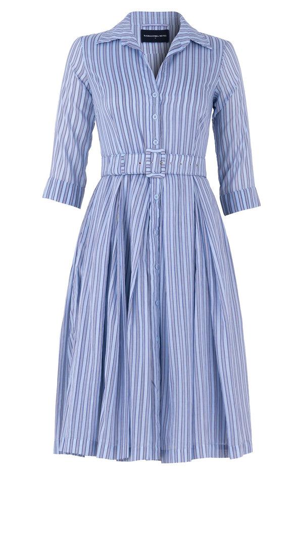 Samantha Sung Audrey Dress #7 Shirt Collar 3/4 Sleeve Long Length Cotton Musola (Napoli Stripe Bright)