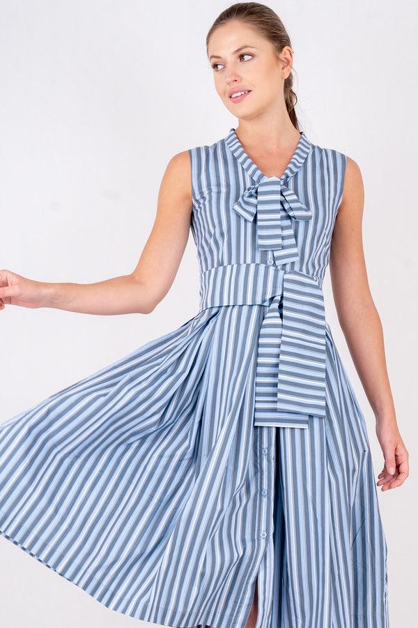 Samantha Sung Audrey Dress #7 Tie Neck Sleeveless Long Length Poplin (Vintage Stripe)