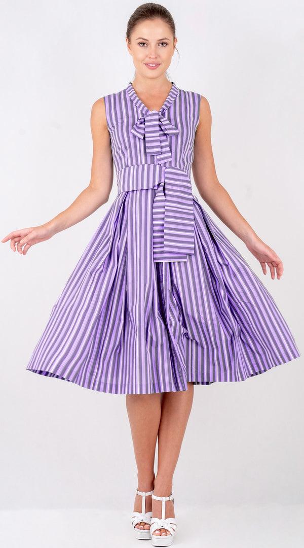 Samantha Sung Audrey Dress #7 Tie Neck Sleeveless Long Length Poplin (Vintage Stripe)