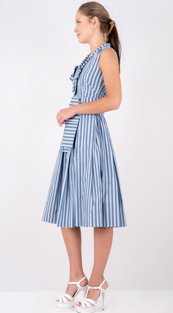 Samantha Sung Audrey Dress #7 Tie Neck Sleeveless Long Length Poplin (Vintage Stripe)
