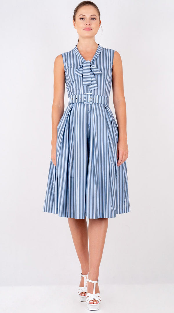 Samantha Sung Audrey Dress #7 Tie Neck Sleeveless Long Length Poplin (Vintage Stripe)