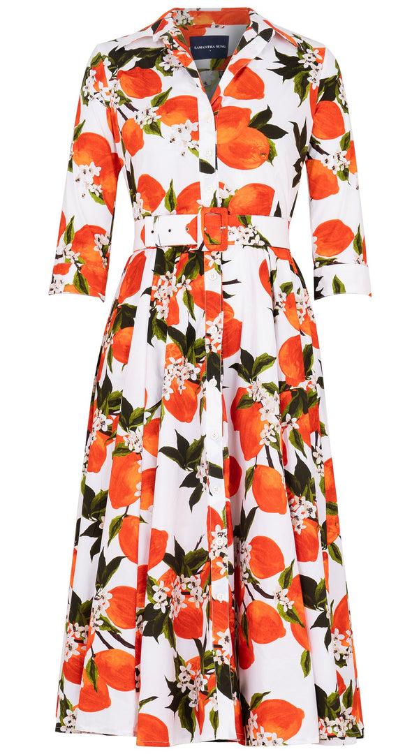 Samantha Sung Avenue Dress Shirt Collar 3/4 Sleeve Midi Length Cotton Stretch (Lemon Original)