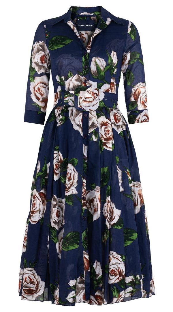 samantha sung Avenue Dress Shirt Collar 3/4 Sleeve Midi Length Cotton Musola (Iceberg Rose)