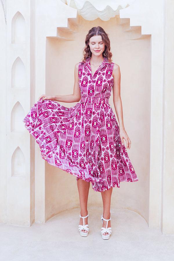 Samantha Sung Avenue Dress Shirt Collar Sleeveless Midi Length Cotton Musola (Ikat Gap)