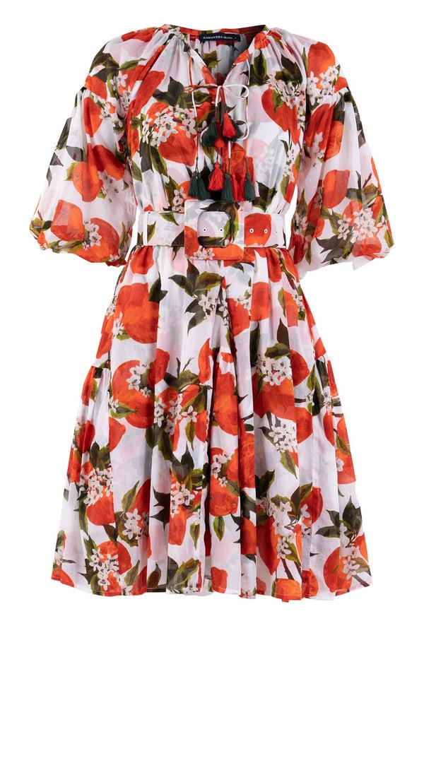 Samantha Sung Birdy Dress #1 Crew Slit Tie 3/4 Puff Sleeve Petite Length Cotton Musola (Lemon Original)