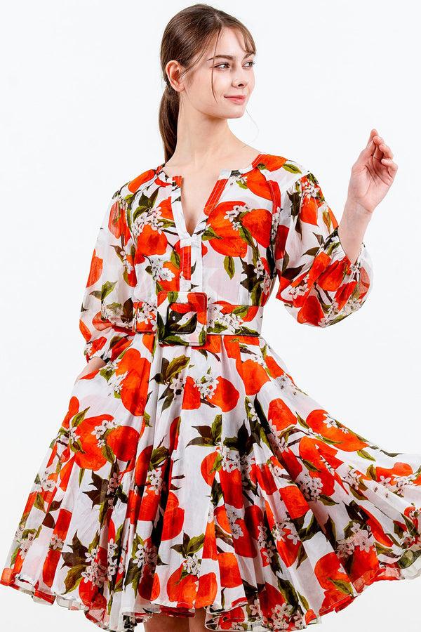 Samantha Sung Birdy Dress #2 Crew Neck Slit 3/4 Puff Sleeve Petite Length Cotton Musola (Lemon Original)