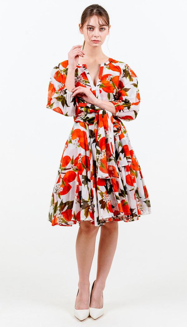 Samantha Sung Birdy Dress #2 Crew Neck Slit 3/4 Puff Sleeve Petite Length Cotton Musola (Lemon Original)