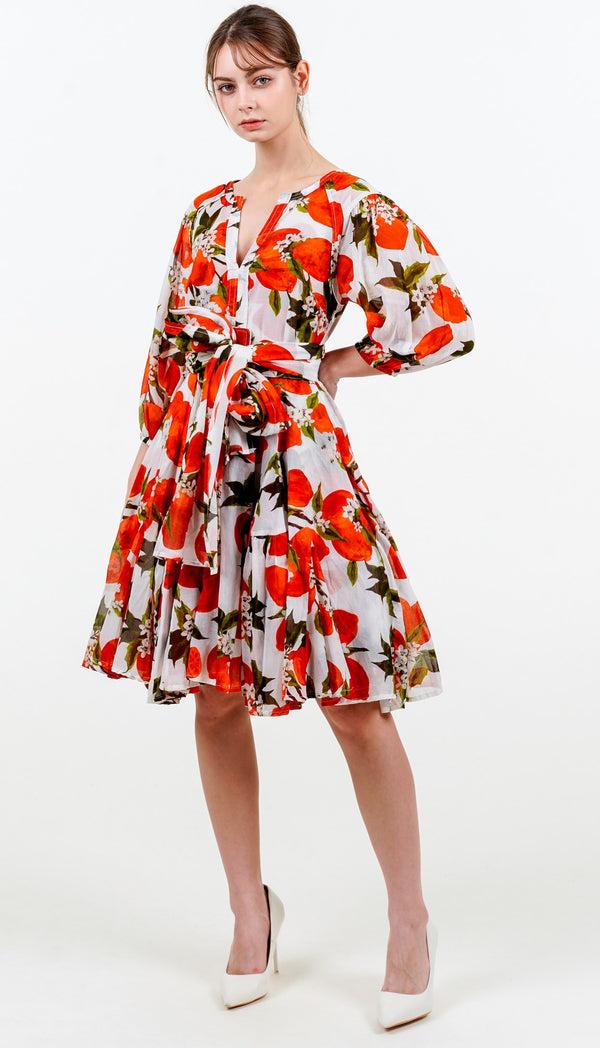 Samantha Sung Birdy Dress #2 Crew Neck Slit 3/4 Puff Sleeve Petite Length Cotton Musola (Lemon Original)