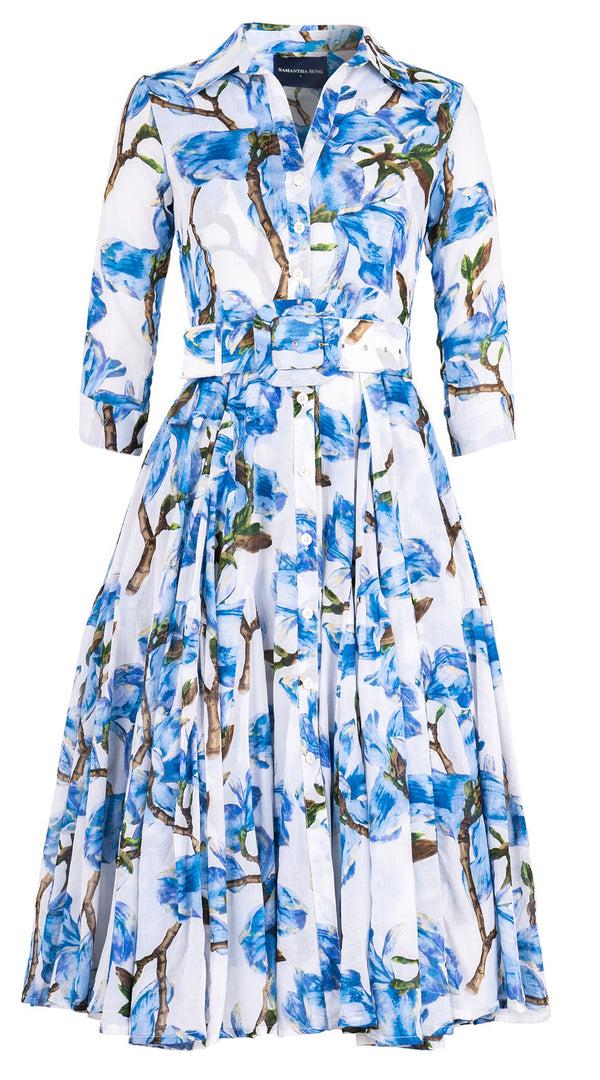 Samantha Sung Birdy Dress #2 Shirt Collar 3/4 Sleeve Midi Length Cotton Musola (Magnolia Blossom White)