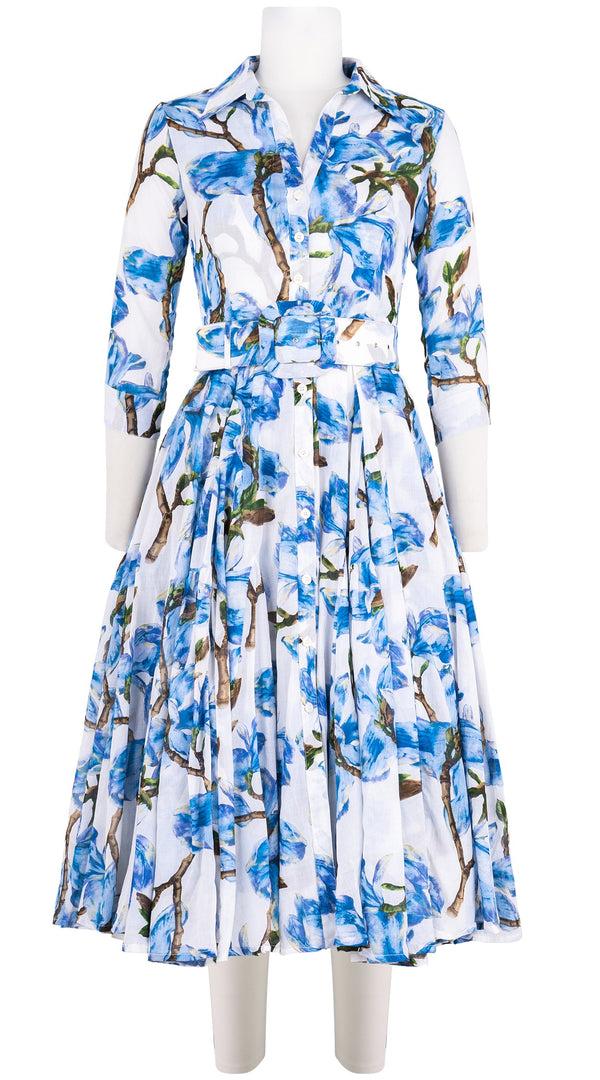 samantha sung Birdy Dress #2 Shirt Collar 3/4 Sleeve Midi Length Cotton Musola (Magnolia Blossom White)