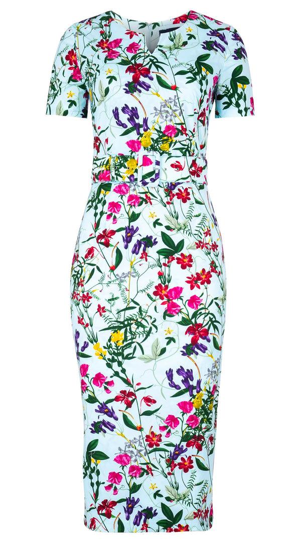 samantha sung Celine Dress Crew Slit Neck Short Sleeve Midi Length Cotton Dobby Stretch (Fairy Tail Flower)