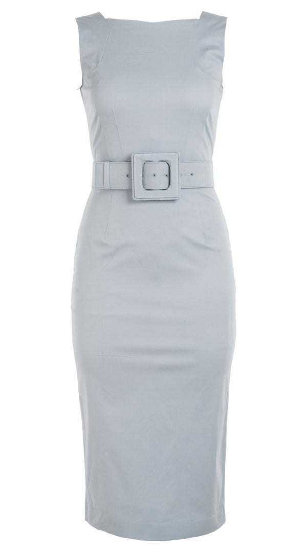 Samantha Sung Celine Dress High Boat Neck Sleeveless Midi Length Cotton Dobby Stretch_Solid_Shade Grey