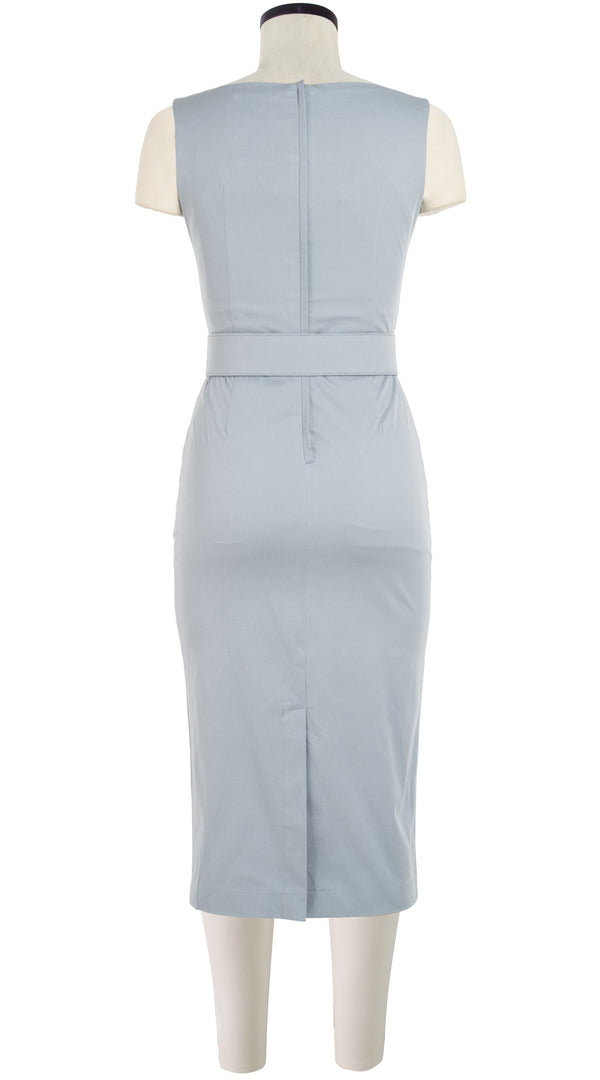 Samantha Sung Celine Dress High Boat Neck Sleeveless Midi Length Cotton Dobby Stretch_Solid_Shade Grey