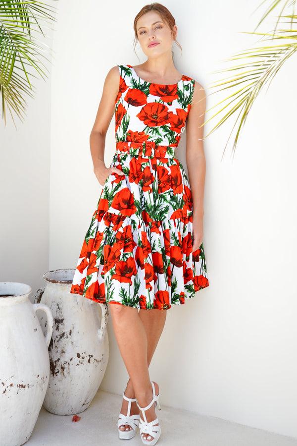 samantha sung Chelsea Dress Crew Neck Sleeveless Poplin (Poppy Poland Small)