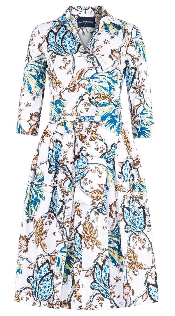Samantha Sung Claire Dress Shirt Collar 3/4 Sleeve Long Length Cotton Stretch (Lillie Toile White)