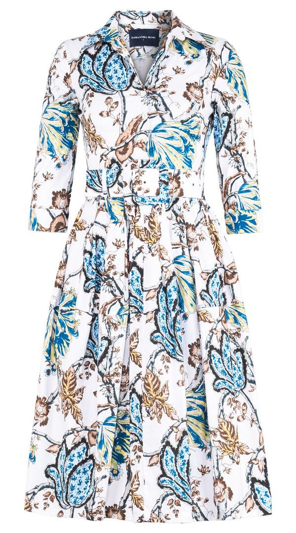 samantha sung Claire Dress Shirt Collar 3/4 Sleeve Long Length Cotton Stretch (Lillie Toile White)