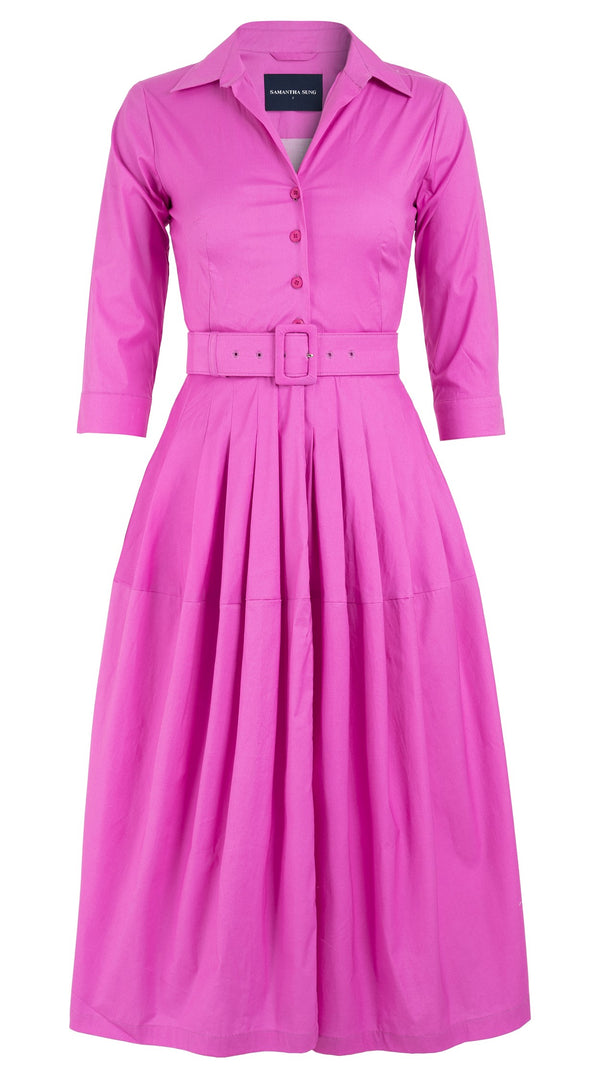 Samantha Sung Claire Dress Shirt Collar 3/4 Sleeve Midi Length Cotton Stretch_Solid_Hot Pink