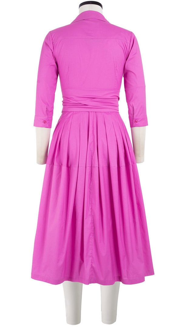 Samantha Sung Claire Dress Shirt Collar 3/4 Sleeve Midi Length Cotton Stretch_Solid_Hot Pink