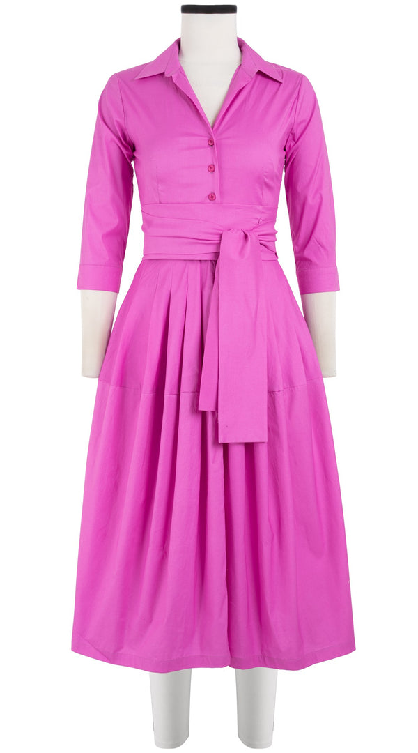 Samantha Sung Claire Dress Shirt Collar 3/4 Sleeve Midi Length Cotton Stretch_Solid_Hot Pink