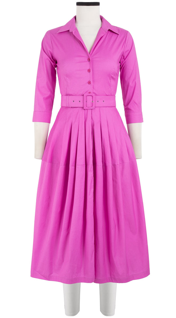 samantha sung Claire Dress Shirt Collar 3/4 Sleeve Midi Length Cotton Stretch_Solid_Hot Pink