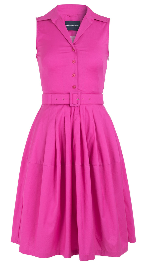 Samantha Sung Claire Dress Shirt Collar Sleeveless Cotton Stretch_Solid_Hot Pink