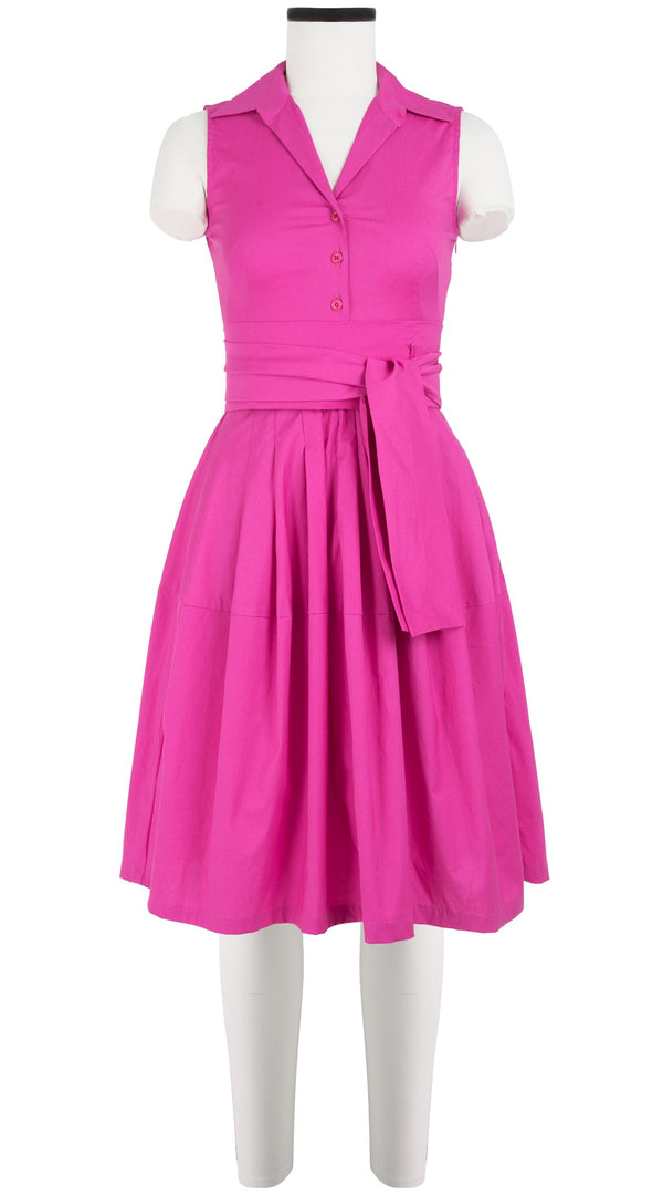 Samantha Sung Claire Dress Shirt Collar Sleeveless Cotton Stretch_Solid_Hot Pink