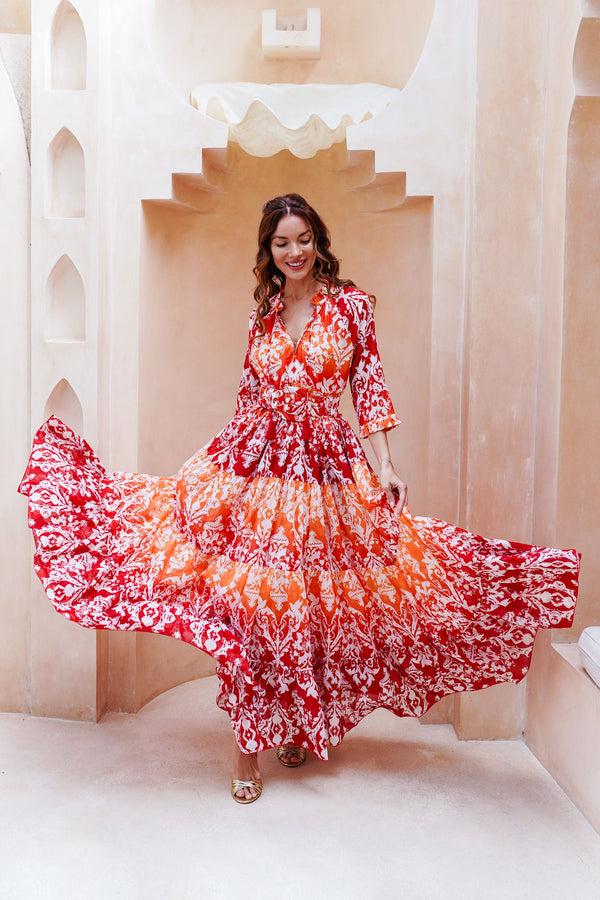 Samantha Sung Eden Dress Crew Neck 3/4 Sleeve Maxi Length Cotton Musola (Impero Ombre)