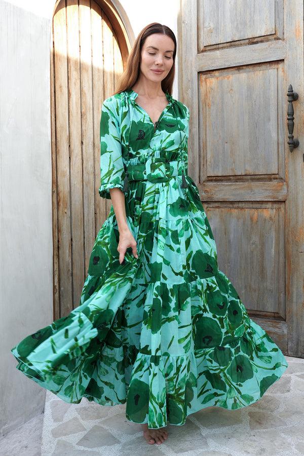 samantha sung Eden Dress Crew Neck 3/4 Sleeve Maxi Length Cotton Musola (Fiori Poppy Big Pastel)